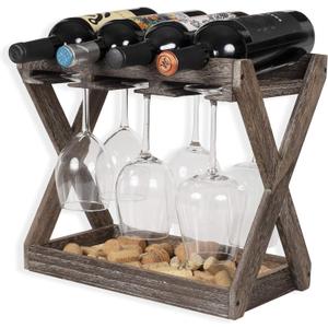 Rustic State Cava Countertop Solid Wood Wine Rack for 4 Bottles and 6 Stemware Glass Holder Cork Storage Tabletop Tray Freestanding Organizer - Home, Kitchen, Dining Room Bar Dcor - Walnut