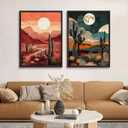 2 Pcs Sun Moon Desert Landscape Wall Art Day Night Western Wall Decor Southwest Boho Cactus Canvas Prints Nature Wilderness Paintings Mid Century Modern Mountain Poster Pictures For Living Room Unframed