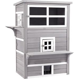 PawHut 3-Story Cat House Feral Cat Shelter, Outdoor Kitten Condo with Raised Floor, Asphalt Roof, Escape Doors, Jumping Platforms, Gray