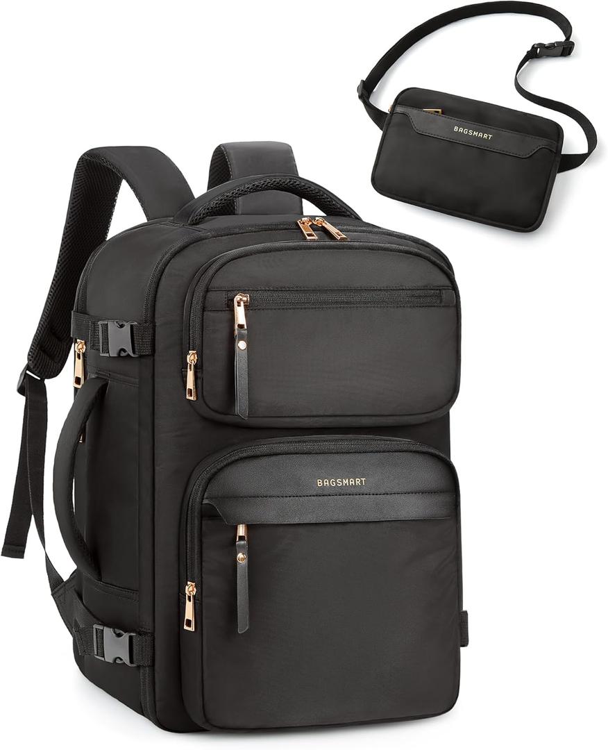 BAGSMART Womens Backpack Carry On Flight Approved, Travel Backpack for Women with Waist Bag, Traveling Lightweight Weekender Casual Daypack 17.3" Laptop Work Back pack Personal Item Travel Bag, Black (15.6 Inch)