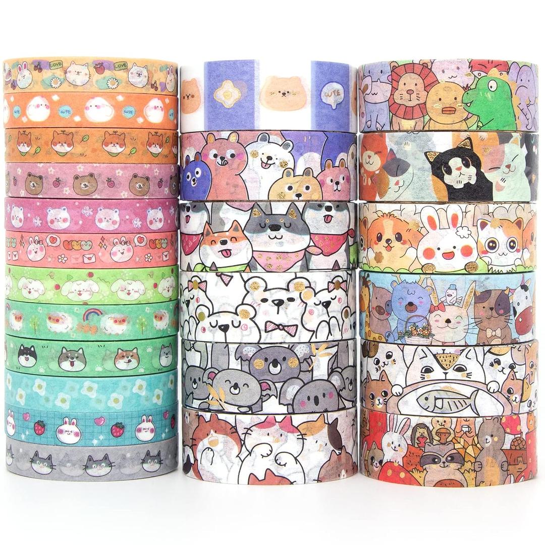 WAPETASHI Cute Washi Tape Set - 24 Rolls Kawaii Animals Gold Foil Decorative Masking Tape for Journaling, Scrapbooking, Kids DIY Crafts, Aesthetic Supplies, Planners, Bullet Journal