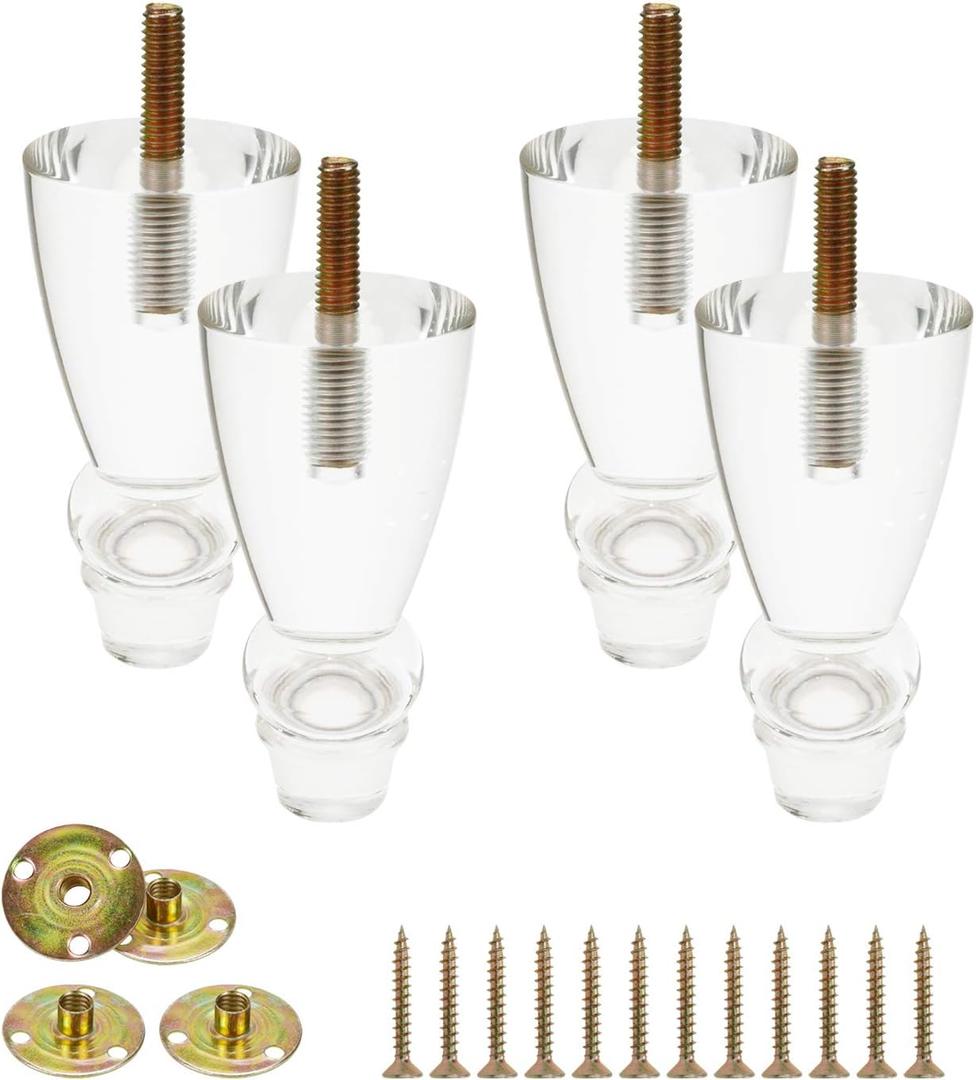 Geesatis Premium 4 inch Clear Acrylic Furniture Legs (Set of 4) - Lucite Clear Design for Sofa, Coffee Table, Desk, Cabinet, Bed, Ightstand, Dresser & DIY Upgrades - Includes Mounting Plates & Screws