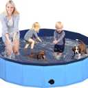 87" x 12" Foldable Dog Pool - Collapsible Hard Plastic Kiddie Pool for Dogs & Kids, Non-Slip Pet Bath Tub for Outdoor Backyard Use, Lightweight & Portable (Blue)