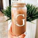 SANDJEST Monogrammed Gifts for Women - Monogram G Initial Glass Cup 16 Oz Can Coffee Cups with Lid and Straw - Monogram Initials Gifts for Womens on Birthday