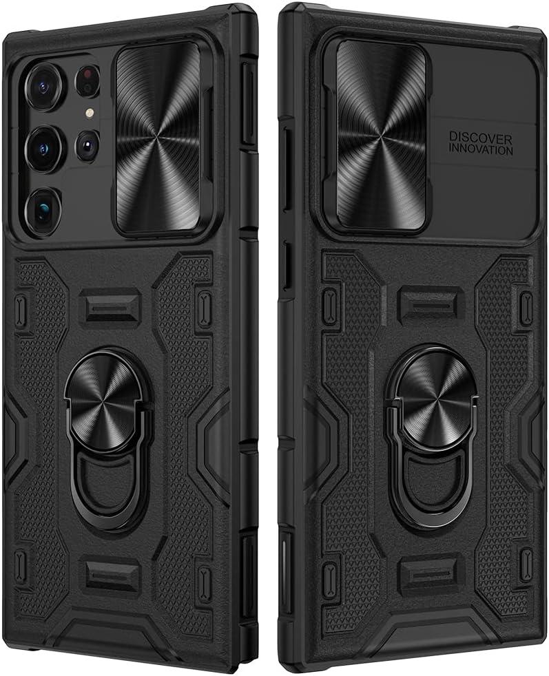 VEGO for Galaxy S22 Ultra Case with Slide Camera Cover, Built-in 360 Rotate Ring Kickstand Magnetic Shockproof Cover Case for Samsung Galaxy S22 Ultra 5G 6.8 inch 2022 Armor Style - Black