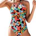 AI'MAGE Women One Piece Swimsuits Halter Neck Bathing Suit Tummy Control Swimwear Cutout Backless Swimming Suit (Black Multi Floral, Medium)