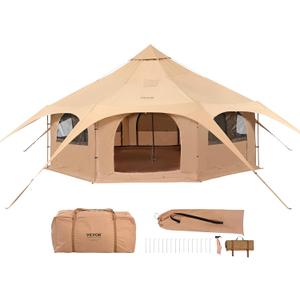 VEVOR Canvas Tent Bell, Yurt 4 Seasons for Camping with Stove Jack, Breathable Holds up to 4 People, Family Camping Outdoor Hunting Party (5m/16.4ft(side pole))