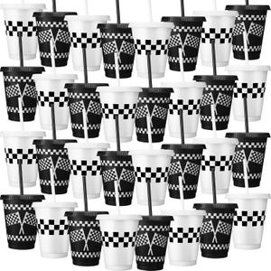 Sieral 30 Pcs Checkered Cups with Straws and Lids 16 oz Race Car Cups White Black Checkered Flag Plastic Tumblers Reusable Iced Coffee Travel Mug for Racing Party Supplies Decorations