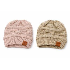 Soul Young Women's Ponytail Messy Bun Beanie Tail Hole Soft Stretch Cable Knit Hat, 2 Pcs, Pink and Shades Khaki