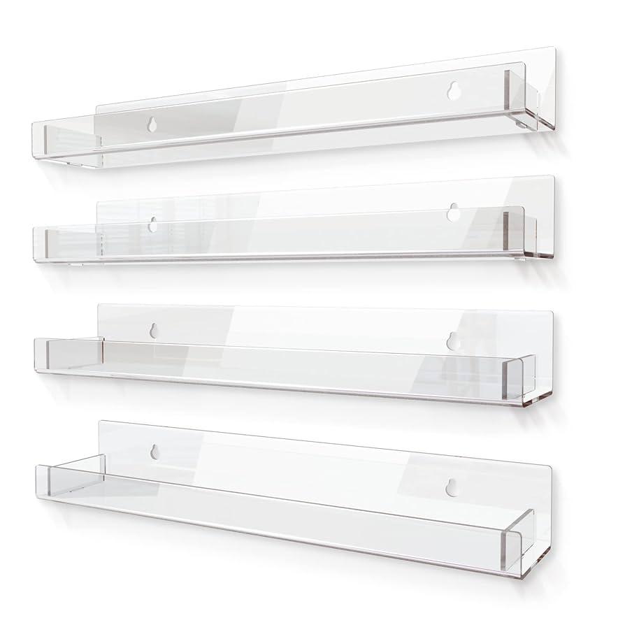 8 Pieces 15 Inch Clear Acrylic Shelves, Clear Kids Floating Bookshelf for Kids Room, Modern Nail Polish Rack Sunglasses Essential Oil Picture Ledge Display Toy Storage Wall Shelf