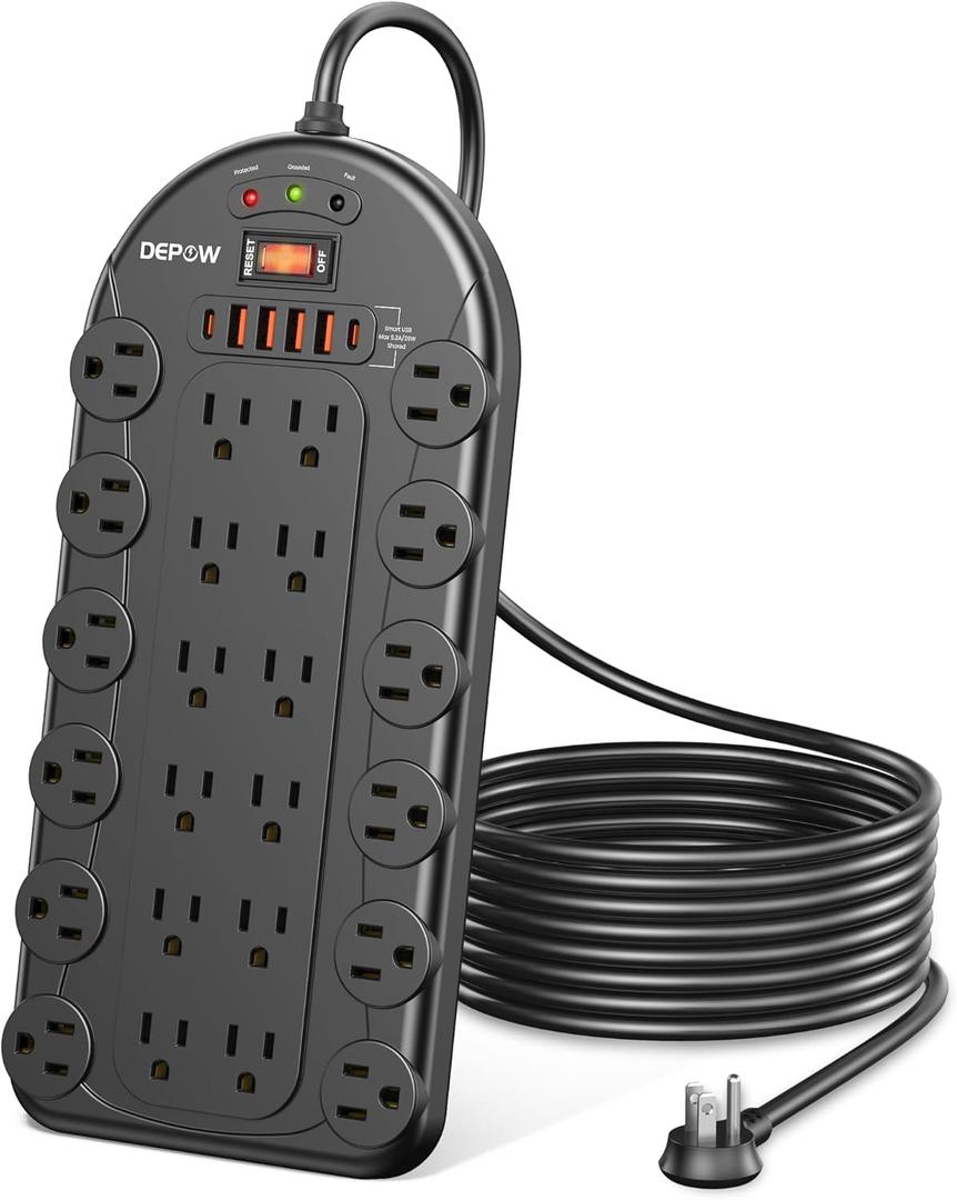 DEPOW Power Strip, 24 AC Outlets (1875W/15A) with 6 USBs (2 USB-C Ports), ETL Listed, Surge Protector (3,400 Joules), 8 Ft Heavy Duty Flat Plug Extension Cord, Wall Mountable for Home, Office, Black