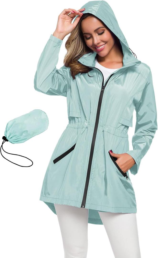 Avoogue Women's Long Raincoat with Hood Outdoor Lightweight Windbreaker Rain Jacket Waterproof (Blue, XXL)