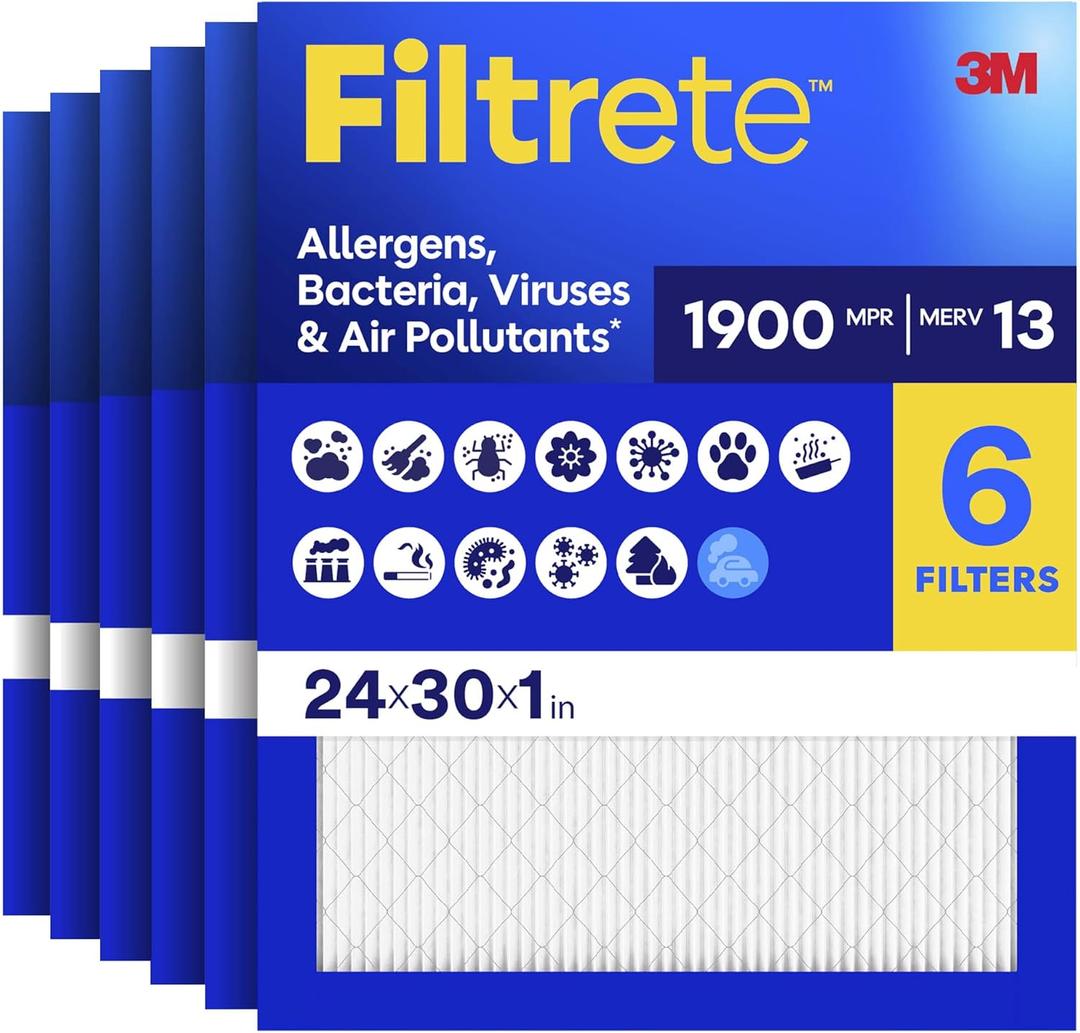 Filtrete 24x30x1 AC Furnace Air Filter, MERV 13, MPR 1900, Premium Allergen, Bacteria & Virus Filter, 3-Month Pleated 1-Inch Electrostatic Air Cleaning Filter, 6-Pack (Actual Size 23.81x29.81x0.78 in)
