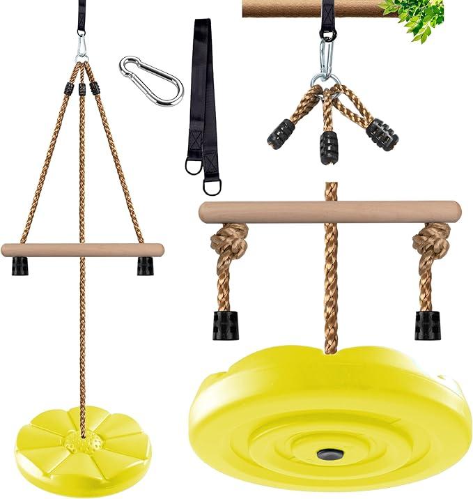 KINSPORY Disc Swing for Kids, Swing Set Accessories, 7FT Height Adjustable Gym Monkey Bars, Hanging Tree Seat for Backyard, Outdoor Play Equipment (Yellow)