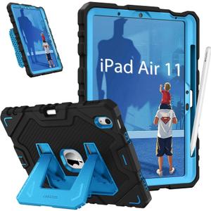 Fintie Case for iPad Air 11-inch M3 (2025) / M2 (2024), iPad Air 5th (2022) / 4th Generation (2020) 10.9 Inch, Fully-Body Rugged Heavy Duty Shockproof Case with Kickstand for Kids, Black/Blue