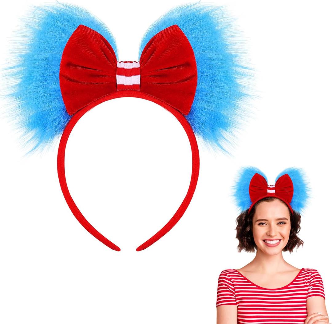 Canlierr Halloween Blue and Red Bow Headband Large Furry Hair Bow Headband Fuzzy Pom Hairband for Women Holiday Party