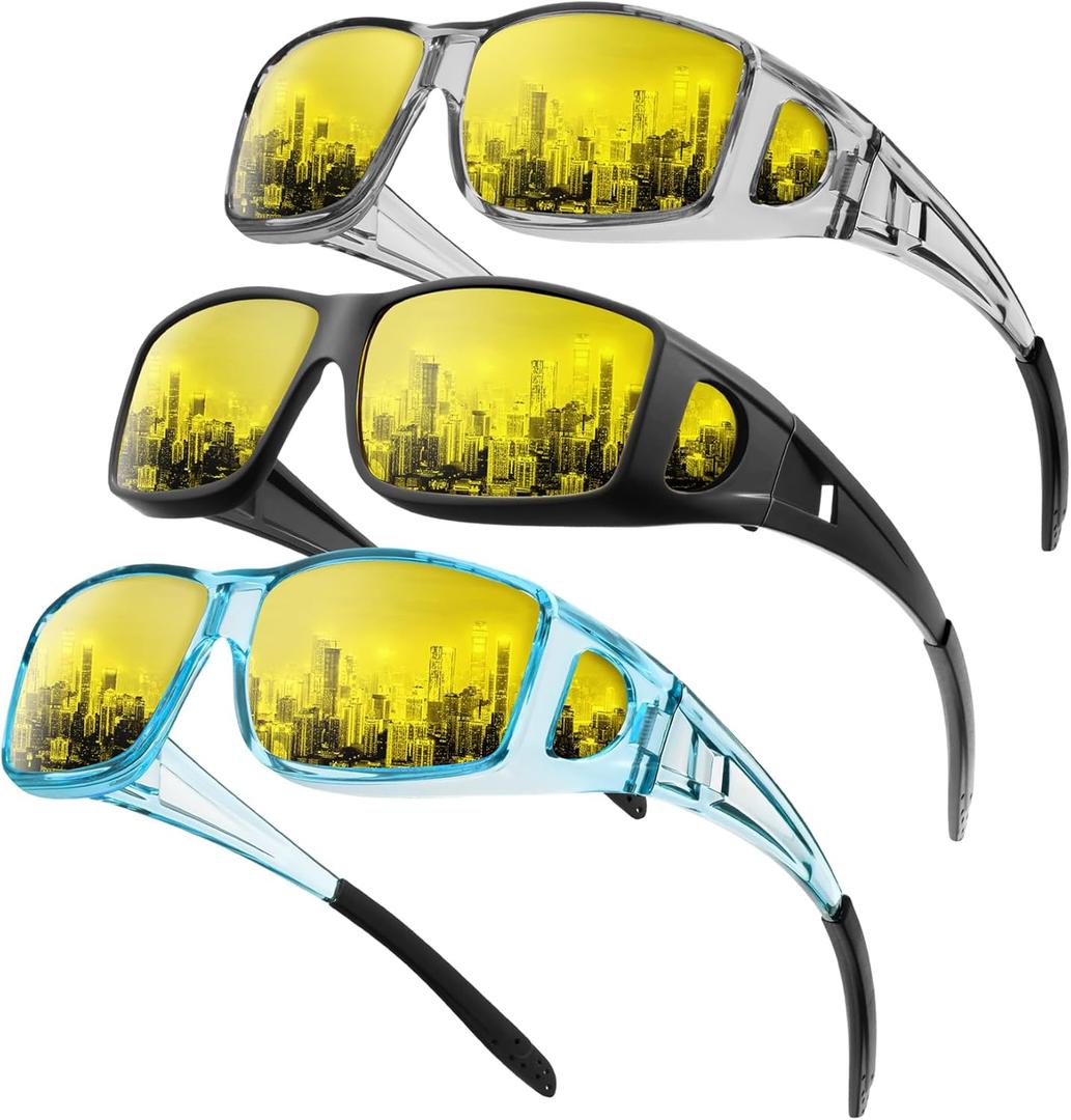 Anti-Glare Night-Driving Glasses Fit-Over-Glasses: Night Vision Glasses for Men Wrap-Around Glasses for Women (Transparent Grey + Matte Black + Transparent Blue)