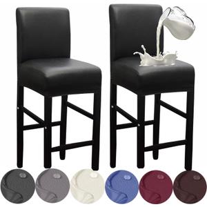HFCNMY Bar Stool Covers,2 Pack Stretch Waterproof PU Bar Stool Covers with Backs Bar Stool Chair Covers Barstool Covers Slipcovers with Back Pub Counter Stool Chair Covers with Elastic Bands Black