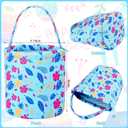 Remerry Easter Hawaiian Basket Blue Cartoon Tropical Floral Print Egg Hunt Bucket with Handle, Canvas Animation Theme Spring Treat Bag for Easter Party Supplies and Decor Eggs Gift Fillers