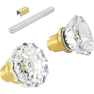 1 Pack Glass Door Knobs Interior Mortise Lock Replacement Set with Spindle, Brushed Gold Crystal Door Knobs for Replacing Broken Old Antique Lock Sets on Interior Door, Satin Brass Finish