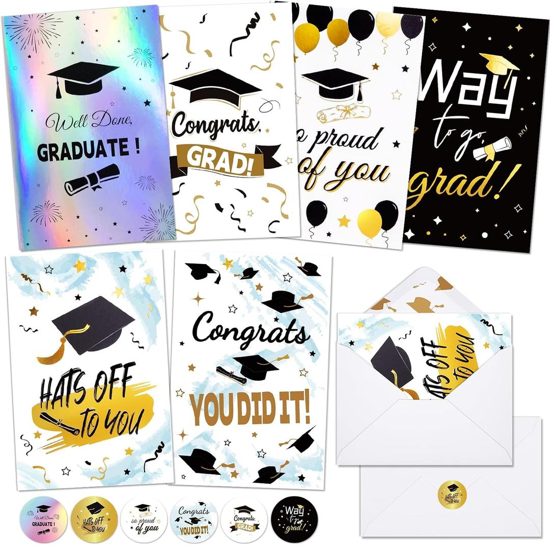 24 Pack Graduation Cards 2026 with Envelopes and Stickers, 6 Elegant Designs Graduation Cards Bulk with Printed Message Inside