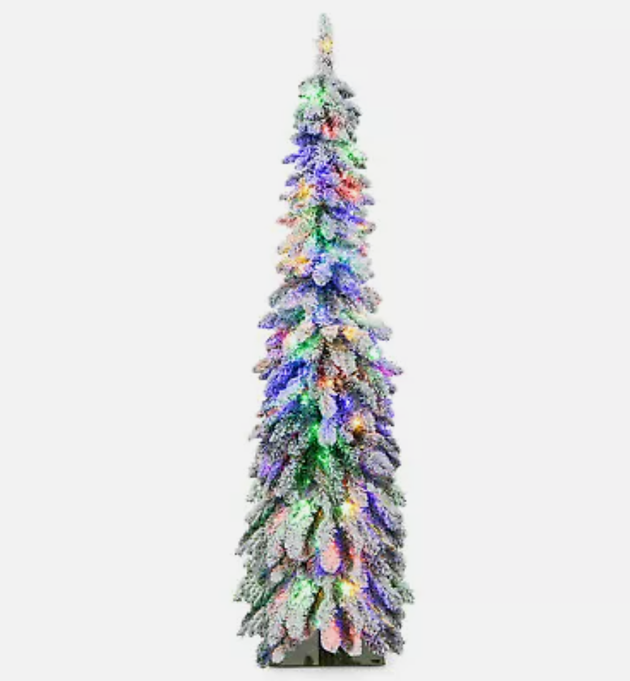 5 FT Pre-Lit Slim Christmas Tree Flocked Xmas Decoration 11 Modes 150 LED Lights