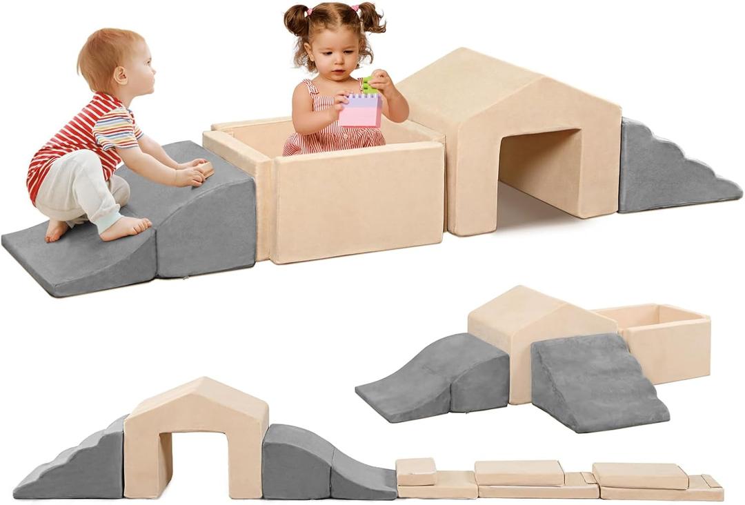 Foam Climbing Toys for Toddlers, 6PCS Climb and Crawl Activity Playset, Soft Foam Climbing Blocks Indoor, Toddler Play Climbing and Ball Pit with Slide Stairs and Ramp (Grey & Beige)