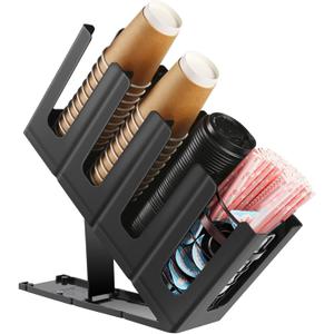 Coffee Cup and Lid Holder Organizer,Adjustable Dispenser with Coffee Pod and Straw Storage Basket, Disposable Cup Holder for Countertop