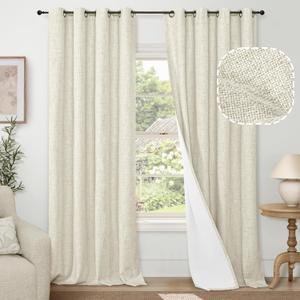 100% Blackout Curtains for Living Room 90 Inches Long 2 Panels, Faux Linen Textured Linen Floor Length Thermal Insulated Bronze Grommet Boho Window Energy Save Drapes, Each 52" Wide, Natural