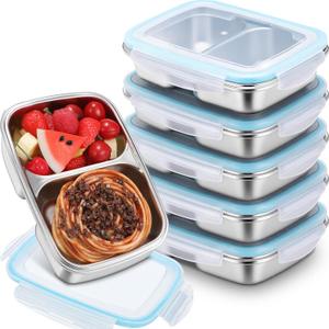 Tioncy 6 Pcs 304 Stainless Steel Bento Box, 30 oz Food Storage Containers Snack Boxes with Leakproof Lids Metal Divided Lunch Box Food Container Dishwasher Safe for Salads Picnic(2 Compartments)