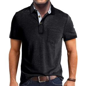 Men's Casual Polo Shirts Classic Button Basic Short Sleeve Shirt Solid Color Cotton Tees Golf Stylish Tops (Large, Black-ss)