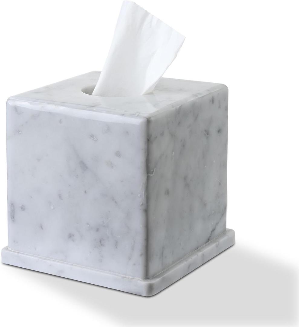 Natural Marble Tissue Box Cover, Carrara White Tissue Organizer 6 x 6 x 5.7 inch, Heavy Stone Decorative Box, Square Tissue Box Holder for Home Decor, Kitchen, Bathroom, Bedroom