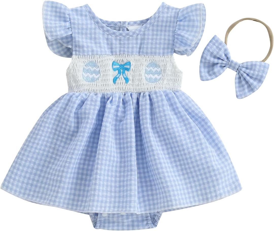 4th Of July Baby Girl Outfit American Flag Romper Dress Fly Sleeve USA Smocked Dress Newborn Fourth of july Clothes (6-12 Months, Easter Eggs-blue)