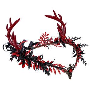 MOSTORY Gothic Elf Antler Crown - Black Deer Horns Headband Red Fairy Heapiece Dark Elven Circlet for Renaissance Fair Costume Women Goth Wedding Halloween Cosplay