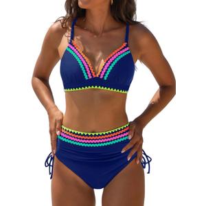 popvil High Waisted Bikini Sets for Women Tummy Control Swimsuits Two Piece Neon V Neck Drawstring Bathing Suits 2026 (X-Large)
