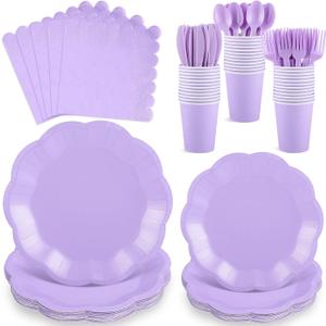 175 Pcs Light Purple Plates and Napkins Set, 25 Guest Purple Party Supplies Include Scalloped Plate Paper Napkin Cup Forks Knives Disposable Plastic Cutlery for Wedding Baby Shower Birthday Party