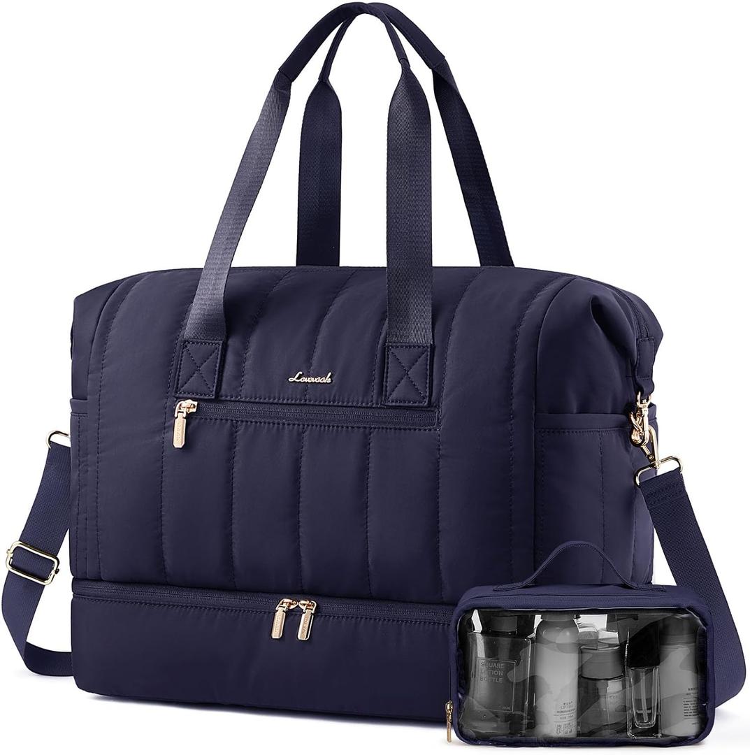LOVEVOOK Travel Duffle Bag,Puffer Weekender Bags For Women with Shoe Compartment,42L Carry On Overnight Duffel Bag For Airplanes,Hospital Bag for Labor and Delivery,2Pcs Set (Navy Blue)
