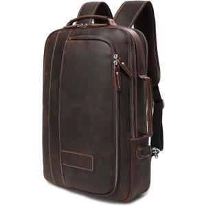 LANNSYNE Men's Full Grain Leather Expandable 15.6 Laptop Backpack Tote Shoulder Travel Bag Rucksack (Brown)