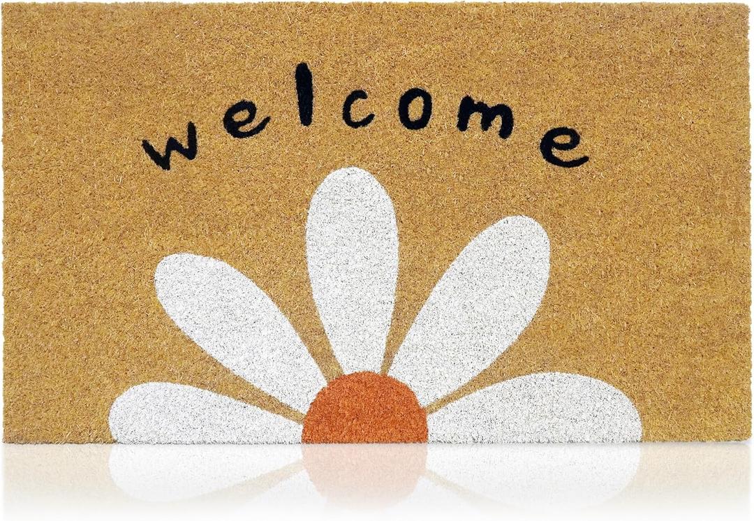 Welcome Daisy - 17"x29" - Coir Door Mat with Heavy Duty Backing - Welcome Mats for Entryway, Porch - Anti-Slip PVC & Coconut Fiber Surface - Natural Home Accessories, Minimalist Original Design