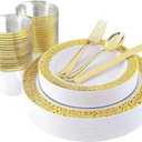 supernal Elegant Gold Lace Disposable Dinnerware Set, 180pcs Banquet Set  30 Round Plastic Dinner/Dessert Plates, 90 Gold Plastic Cutlery & 30 Goldden-Rim Clear Tumblers  Wedding, Party, Birthday