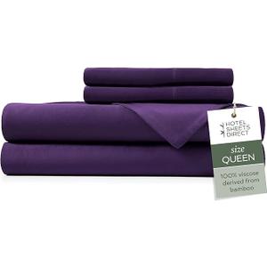 Hotel Sheets Direct 4 Piece Bed Sheet Set Queen Size, 100% Viscose Derived from Bamboo Sheets Set with 2 Pillowcases, Cooling & Breathable Luxury Bedding, MoistureWicking & Silky Soft Texture, Purple