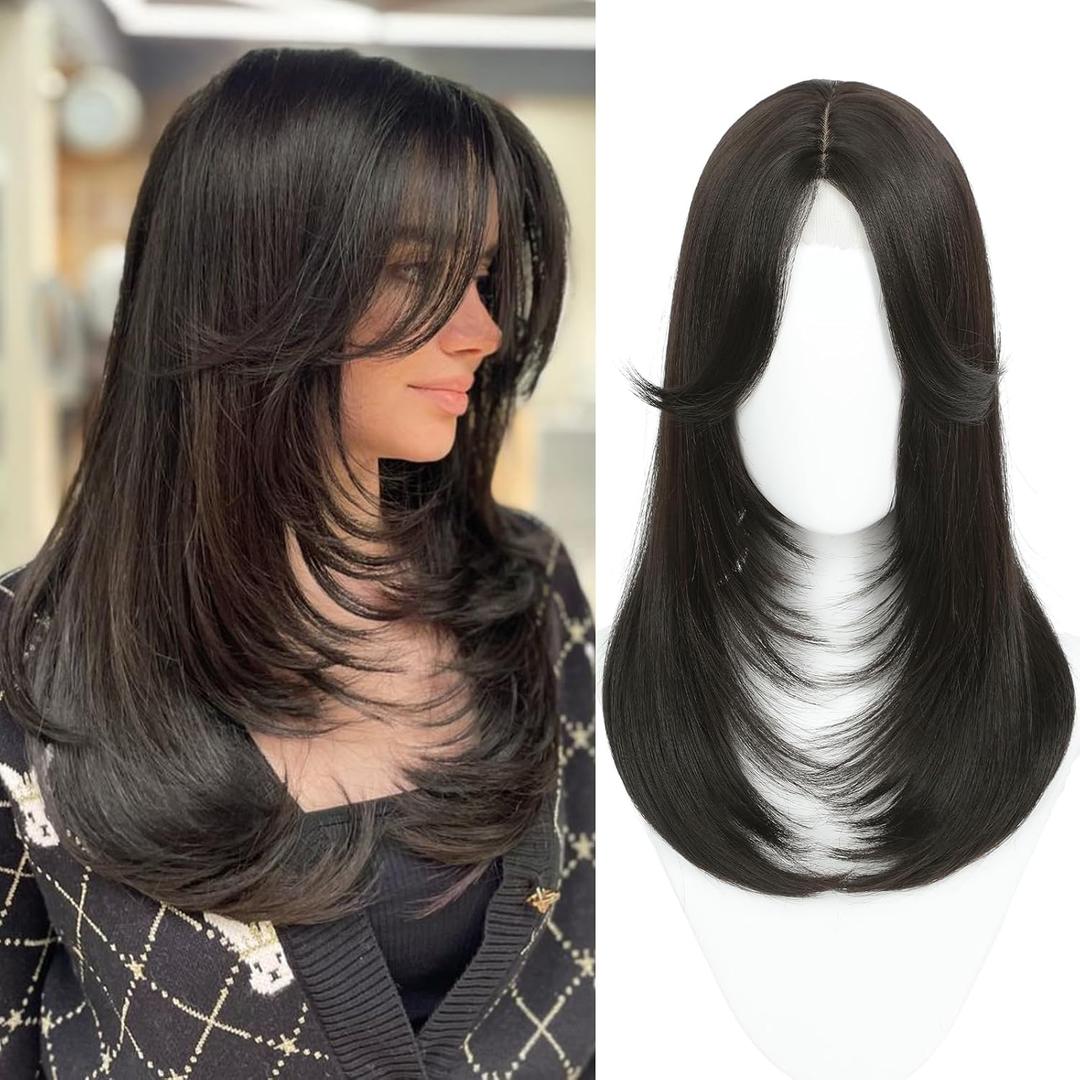 Hair Toppers for Women with Thinning Hair, 20 Inch Toppers Hairpieces for Women Clip in Bangs 360 3D Realistic Scalp (Brown Black, Side Bangs)