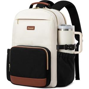 LOVEVOOK Laptop Backpack for Women with Pouch Pocket for Large Capacity Cup,15.6 Inch Laptop Computer Bag Travel Backpack Purse,Waterproof Work Business Backpack College Teacher Bags,Beige-Black-Brown