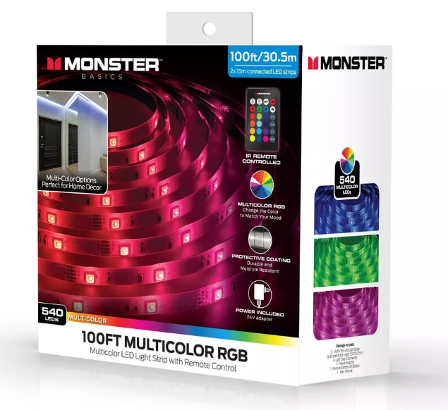 Monster 100' RGB LED Light Strip Indoor: 100ft Multicolor USB Powered Tape Lights, 540 LEDs, 4 Settings, CR2025 Battery