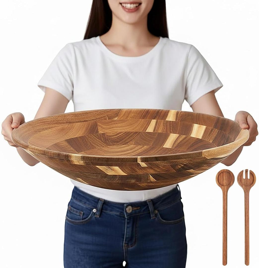 Geiserailie Extra Large 18 Inch Acacia Wood Salad Bowl Set Wooden Serving with Serving Utensils Oversized All Purpose Bowl for Fruits Salad Kitchen for Housewarming Wedding Table Display Gift