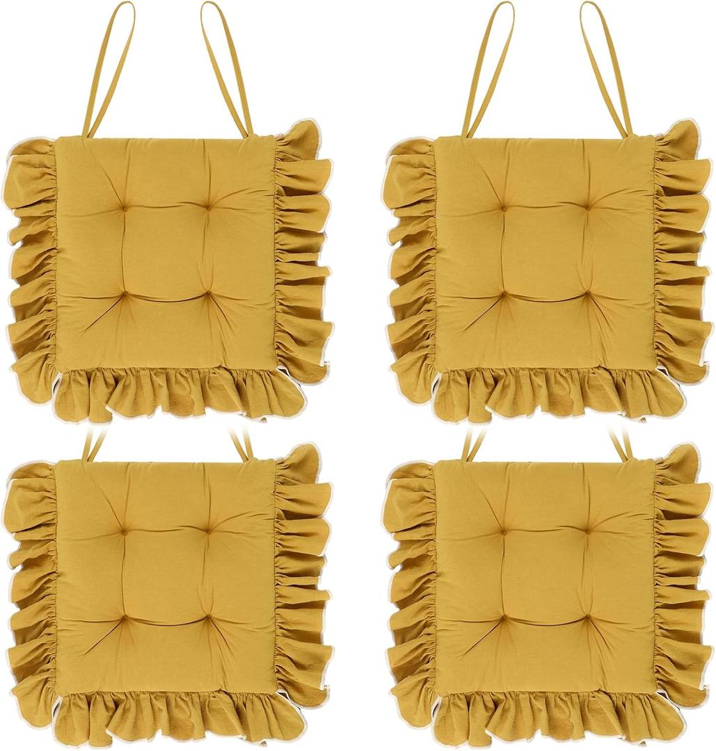 Wenqik 4-Pack Ruffled Chair Cushions with Ties, 16"x16" Turmeric Cotton Fabric Non-Slip Seat Pads for Dining Chairs, Farmhouse Kitchen, Office, and Wooden Chairs