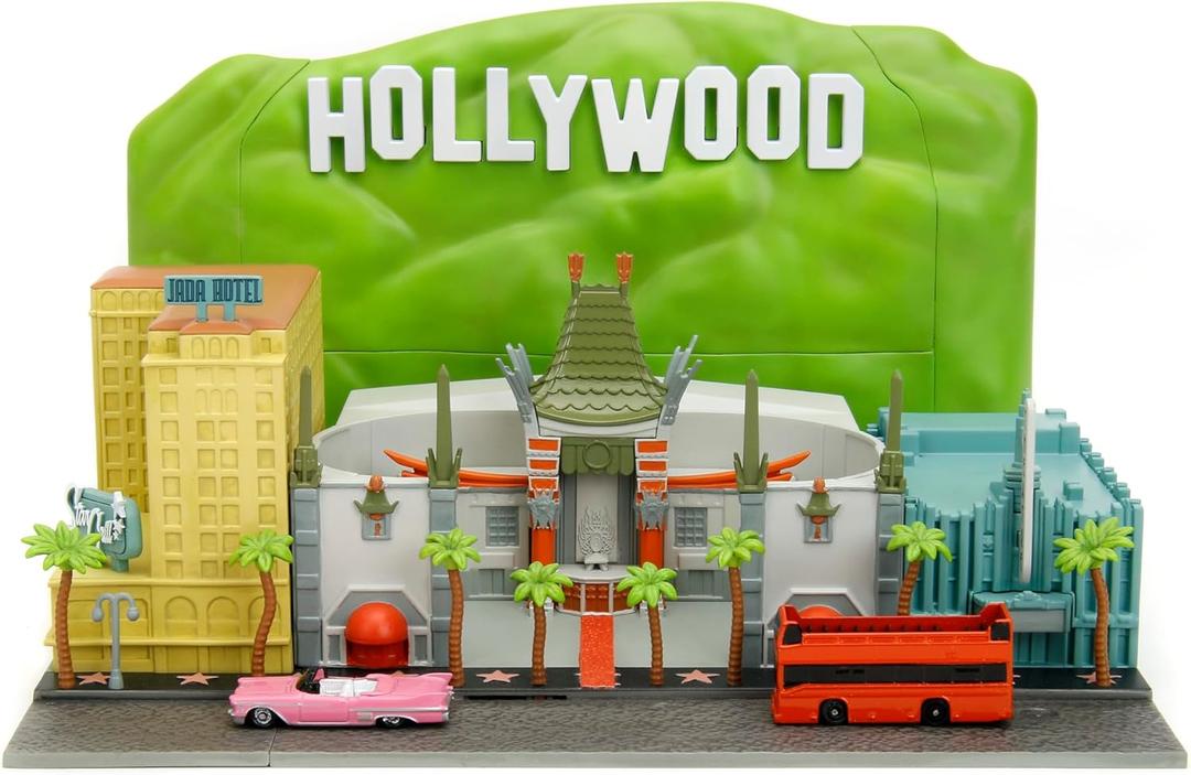 Jada Nano Hollywood Rides Walk of Fame Diorama w/ Hollywood Sign and 2 Vehicles (Double-Decker Tour Bus & 1958 Cadillac Series 62 Convertible), Toys for Kids and Adults