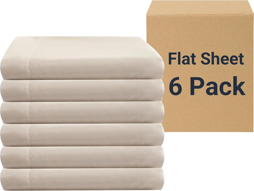 ZPECC Bulk Flat Sheets Only Queen Size 6 Pack, Easy Sort Top Bed Sheet by Color-Coded Label, Soft Durable Brushed Microfiber Fabric Hotel Airb&bs Essentials for Hosts, 90"x102", Beige