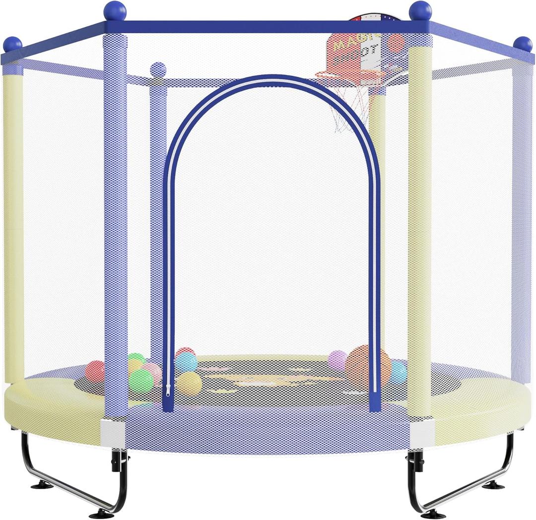 60" Trampoline for Kids, 5 FT Indoor & Outdoor Toddler Baby Trampoline with Basketball Hoop, Safety Enclosure, Birthday Gifts for Kids, Gifts for Boy and Girl, Age 3-8 (Yellow/Blue)