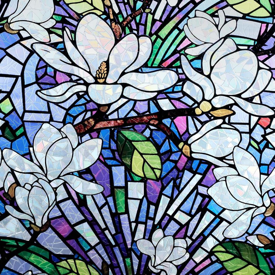 DKTIE Magnolia Pattern Stained Glass Window Film Floral Decorative Window Privacy Film with Rainbow Effect Front Door Bathroom Room Decor (S677, 17.7in X 118.1in)